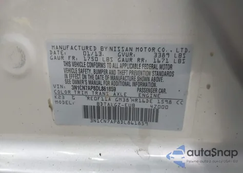 2013 Nissan Versa 1.6 Sl z USA, uszkodzony, nr VIN 3N1CN7AP8DL861859